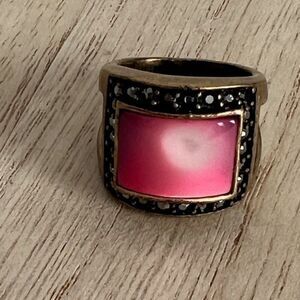 Gorgeous brass and pink ring by Lia Sophia with black rhinestones - size 6